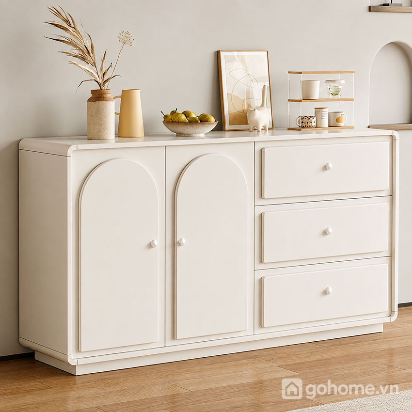 Tủ decor cánh cong kết hợp ngăn kéo – Giải pháp lưu trữ gọn gàng cho không gian sống