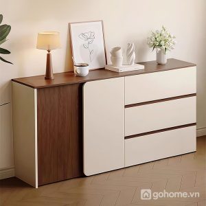 Tủ decor kết hợp ngăn kéo và cánh tủ giúp lưu trữ gọn gàng, nâng tầm không gian sống