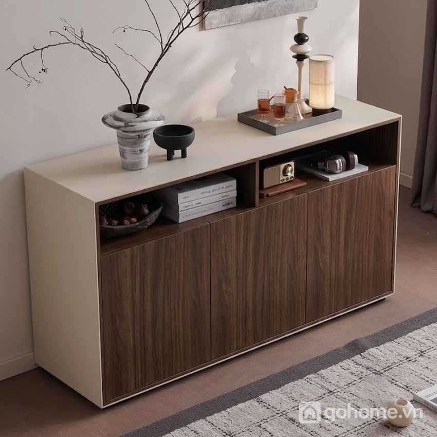 Tủ lưu trữ gỗ cánh kín kết hợp kệ hở tối ưu không gian lưu trữ và trưng bày