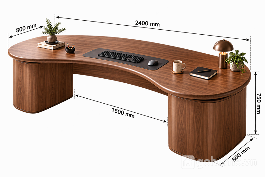 Kích thước chi tiết Bàn Làm Việc Gỗ Bo Cong Phong Cách Tối Giản GH-74002