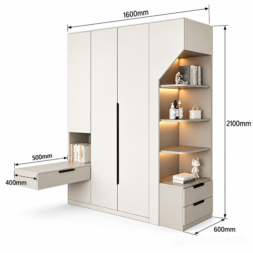 Kích thước chi tiết Tủ áo tích hợp bàn làm việc hiện đại, gọn đẹp 2