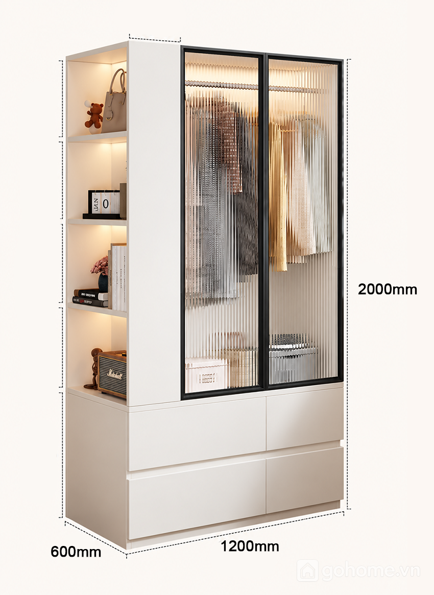 Kích thước chi tiết Tủ Quần Áo Cánh Kính Kết Hợp Kệ Bên Hông GH-13093 2
