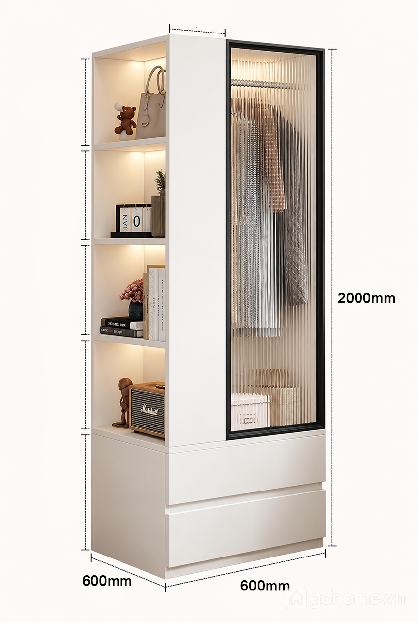 Kích thước chi tiết Tủ Quần Áo Cánh Kính Kết Hợp Kệ Bên Hông GH-13093