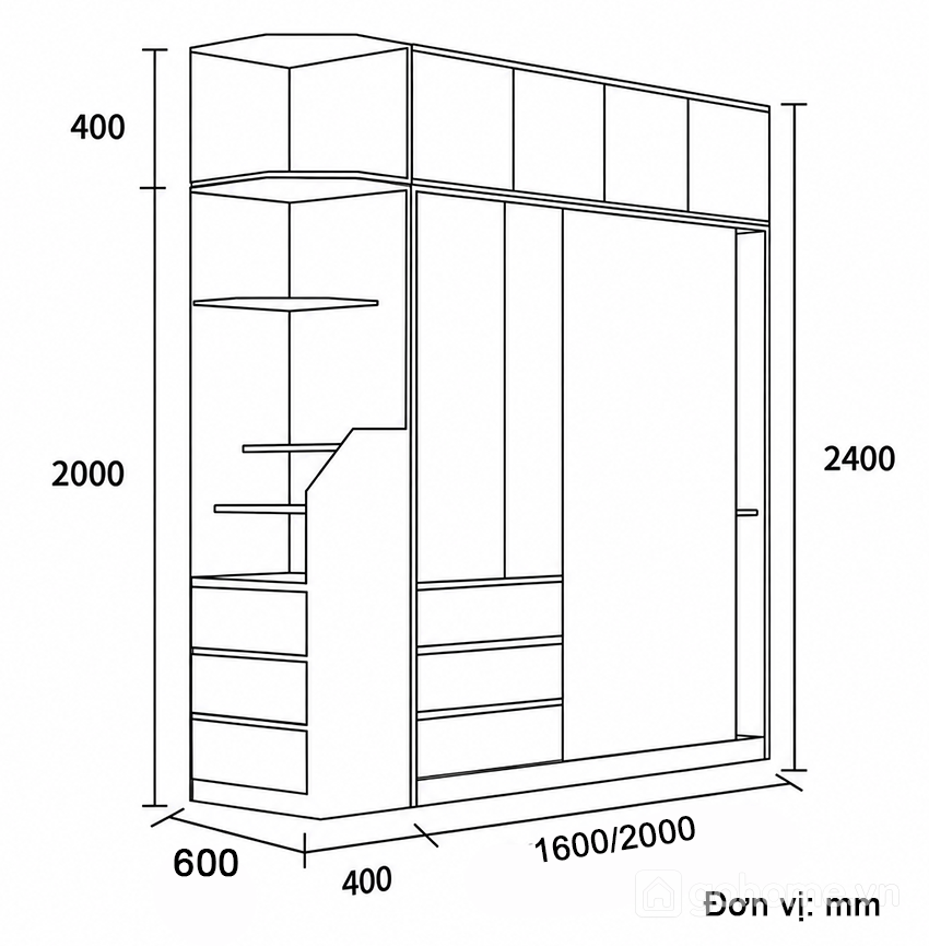 Kích thước chi tiết Tủ Quần Áo Cánh Lùa Kết Hợp Kệ Bên Hông Và Ngăn Kéo GH-13092