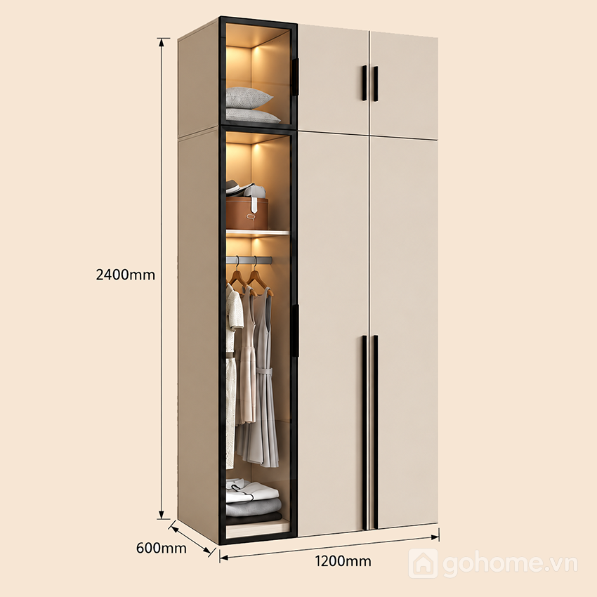 Kích thước chi tiết Tủ Quần Áo Cánh Mở Kết Hợp Khoang Kính Trưng Bày