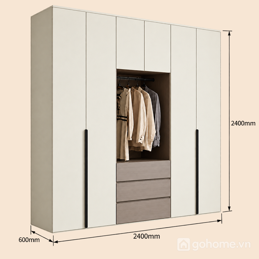 Kích thước chi tiết Tủ Quần Áo Có Khoang Treo Đồ Mở Và Ngăn Kéo Tiện Lợi GH-13094 2