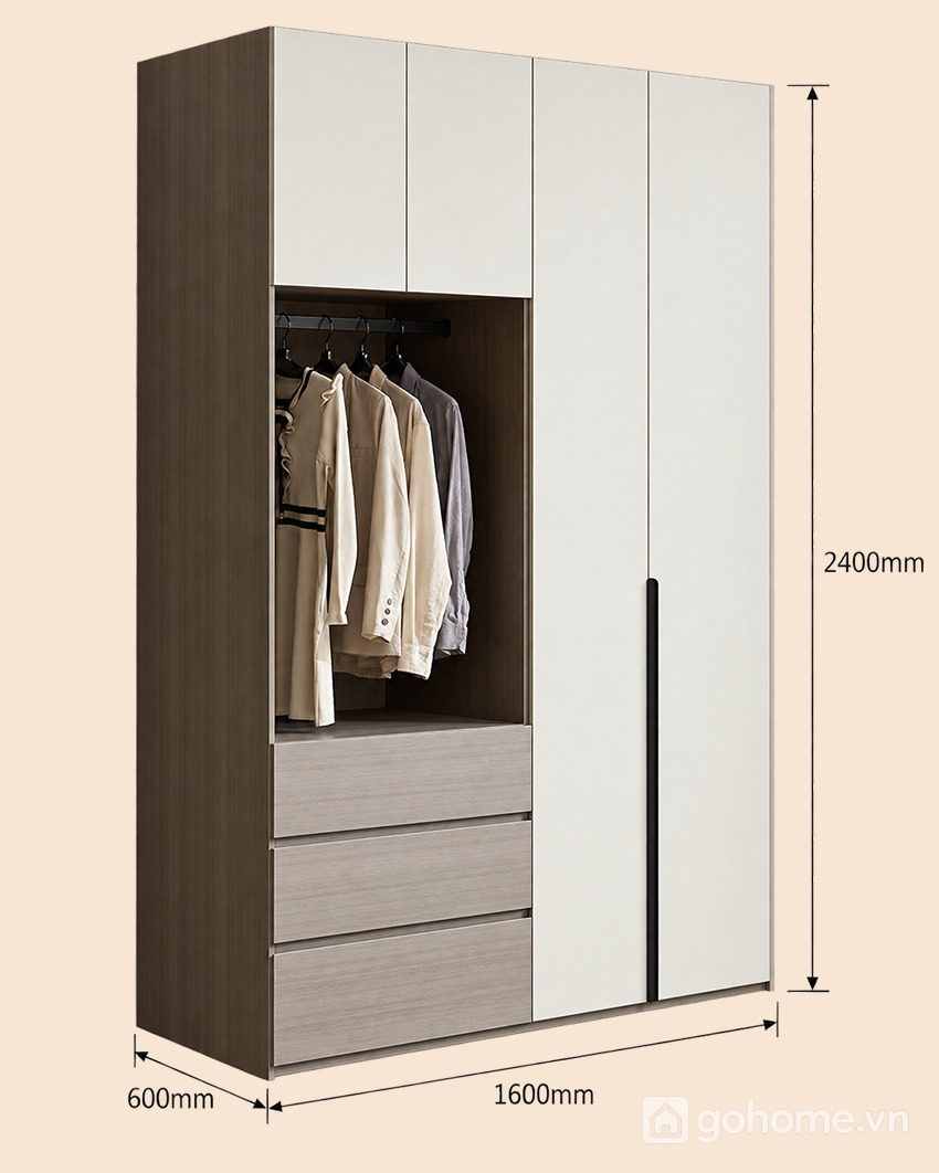 Kích thước chi tiết Tủ Quần Áo Có Khoang Treo Đồ Mở Và Ngăn Kéo Tiện Lợi GH-13094