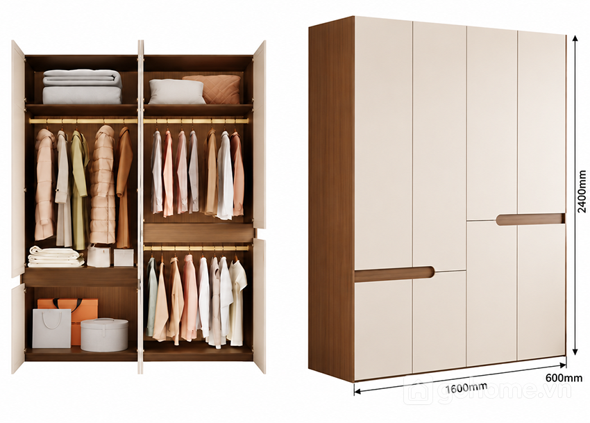 Kích thước chi tiết Tủ Quần Áo Nhiều Cánh Thiết Kế Tối Giản GH-13098