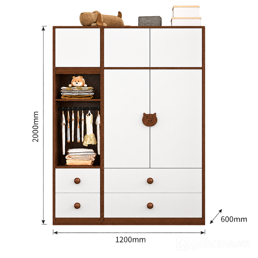 Kích thước chi tiết Tủ Quần Áo Trẻ Em Kết Hợp Khu Treo Đồ Tiện Dụng GH-13101
