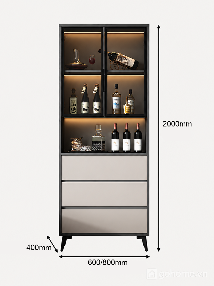 Kích thước chi tiết Tủ rượu dáng đứng có cánh kính hiện đại GH-54017