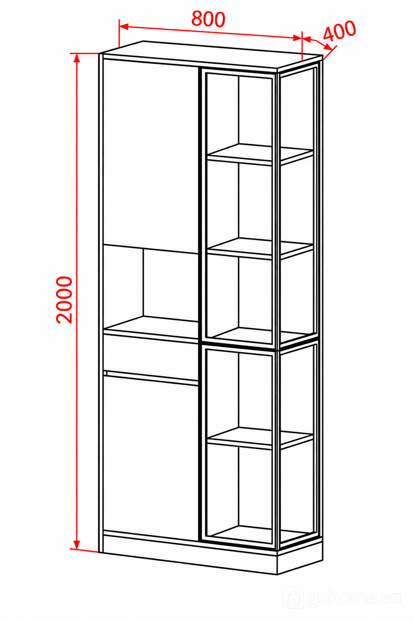 Kích thước chi tiết Tủ Rượu Đứng Cánh Kính Kết Hợp Tủ Kín GH-54019 2