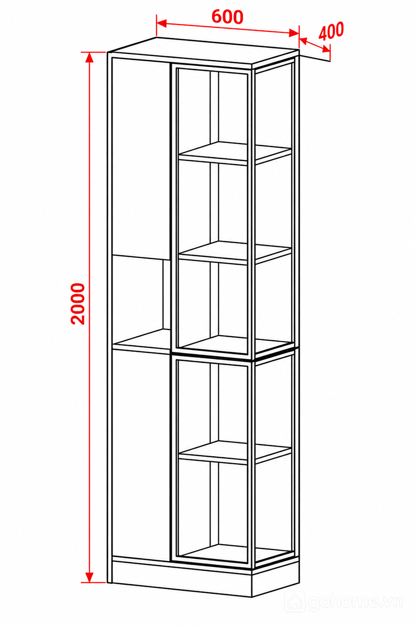 Kích thước chi tiết Tủ Rượu Đứng Cánh Kính Kết Hợp Tủ Kín GH-54019