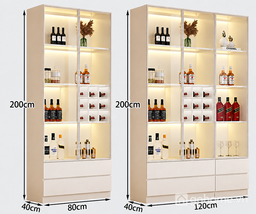 Kích thước chi tiết Tủ Rượu Kết Hợp Khoang Decor Hiện Đại