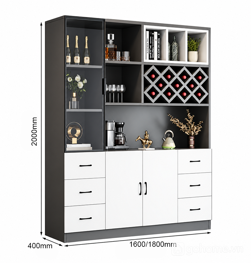 Kích thước chi tiết Tủ Rượu Nhiều Ngăn Để Chai Và Đồ Trang Trí GH-54013 2