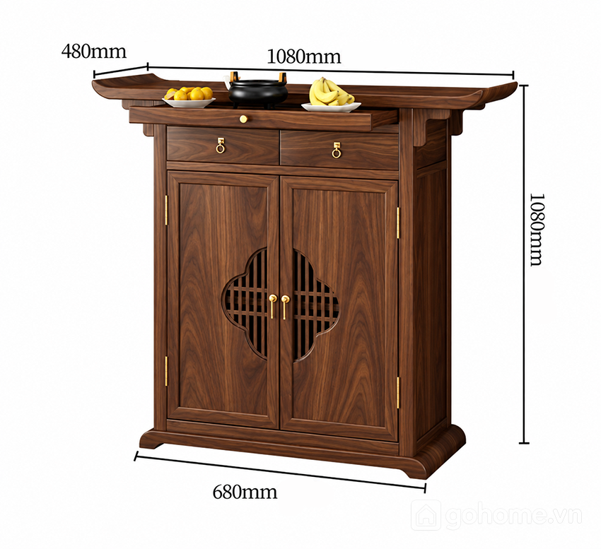 Kích thước chi tiết Tủ Thờ Gỗ Tự Nhiên Cánh Họa Tiết Cổ Điển GH-91079
