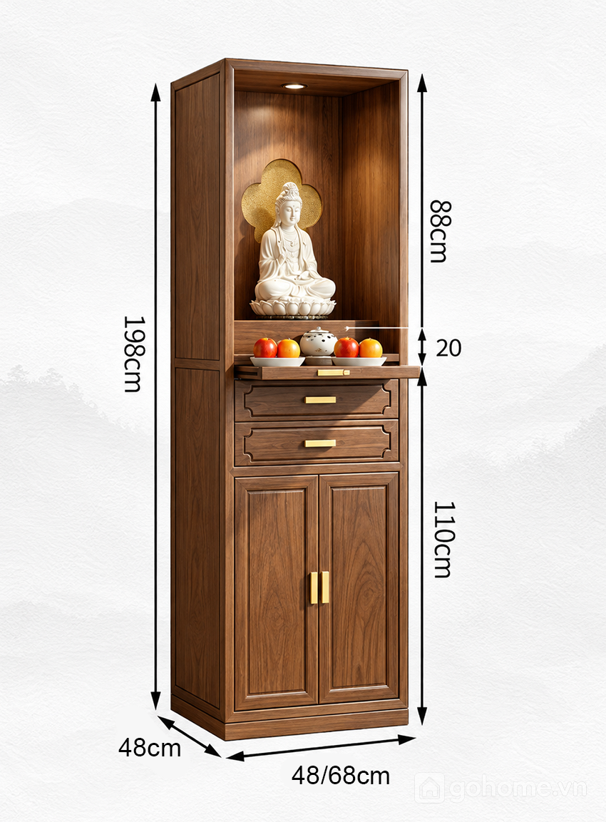 Kích thước chi tiết Tủ Thờ Phật Có Kệ Đặt Lễ Phía Trước Tiện Lợi GH-91073