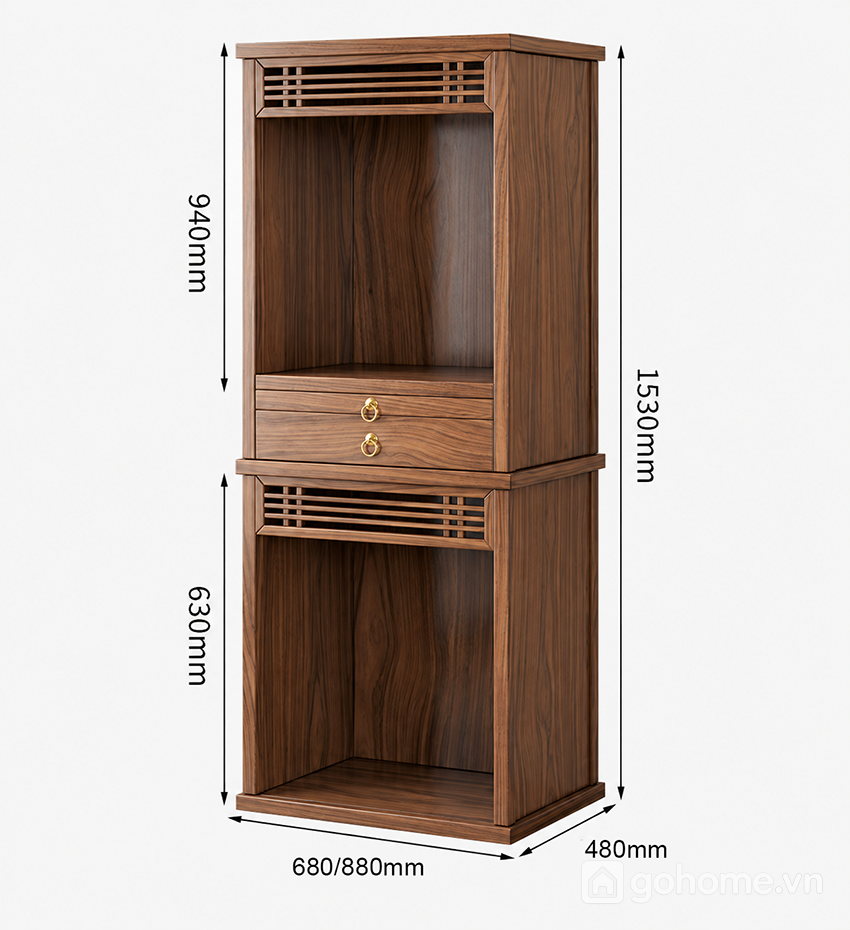Kích thước chi tiết Tủ Thờ Phật Dáng Đứng Kết Hợp Ngăn Kéo GH-91072