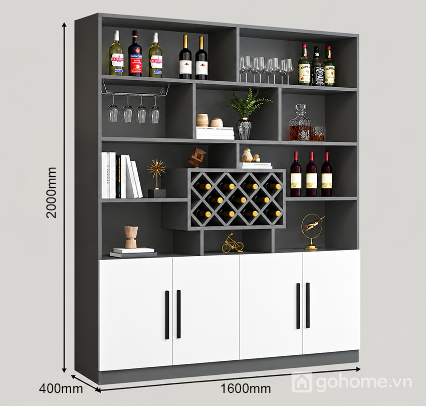 Kích thước chi tiết Tủ Trưng Rượu Kết Hợp Kệ Decor Hiện Đại GH-54014 2