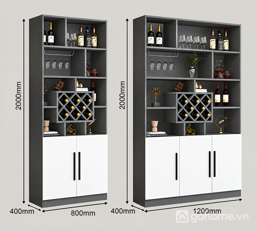 Kích thước chi tiết Tủ Trưng Rượu Kết Hợp Kệ Decor Hiện Đại GH-54014