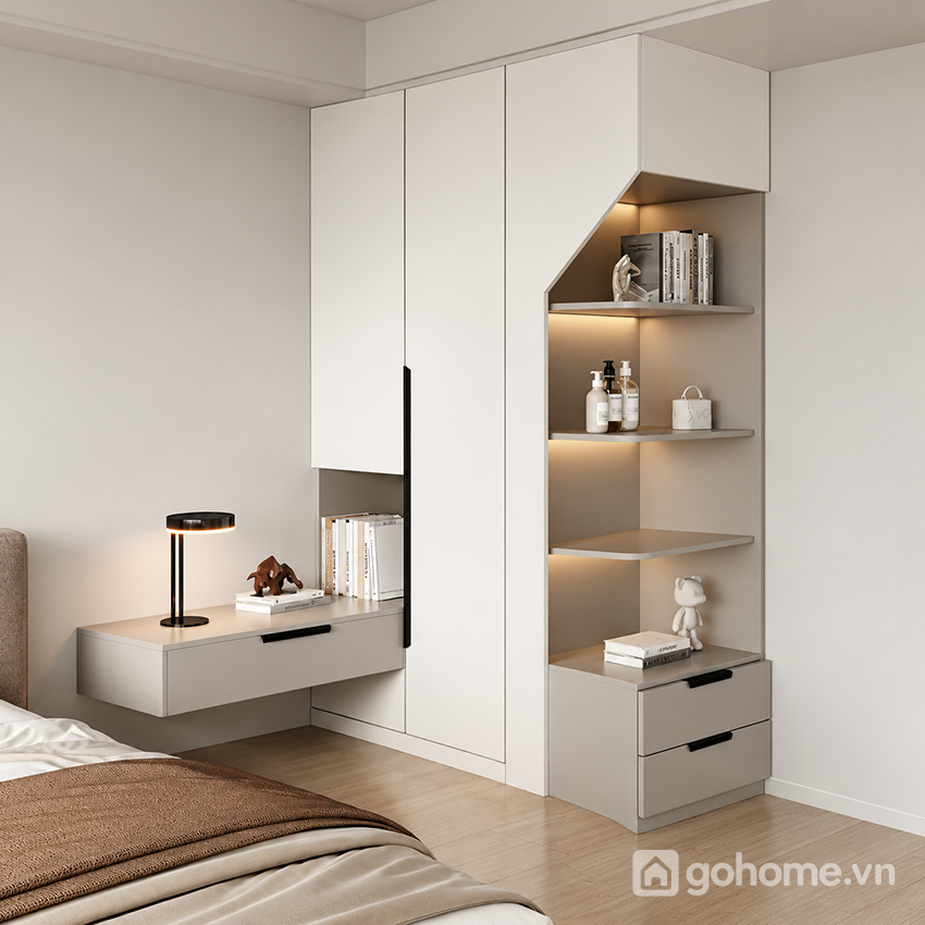 Tủ áo tích hợp bàn làm việc kịch trần có kệ trang trí