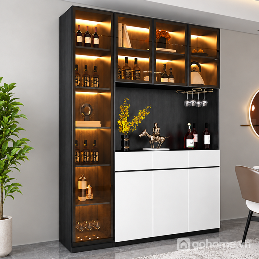 Tủ rượu có kệ treo ly nhiều ngăn, tích hợp tủ kính