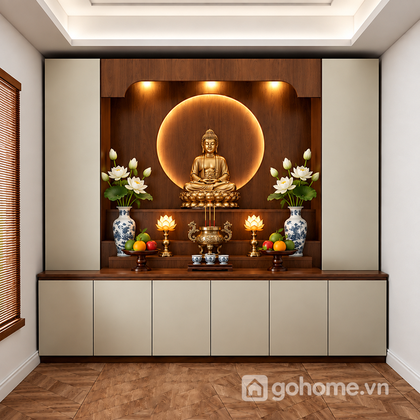 Hệ Bàn Thờ Gỗ Có Tủ Lưu Trữ Liền Tường Trang Trọng GH-91081 - Ảnh 2