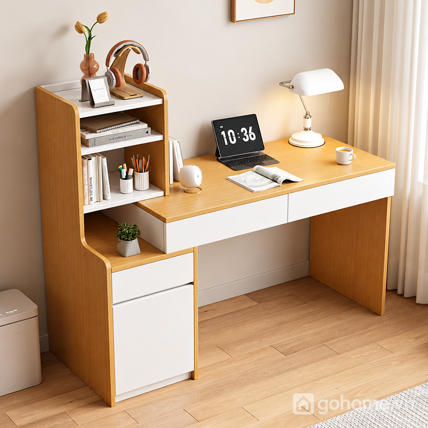 Bàn học kết hợp kệ sách cao và tủ cánh tiện dụng