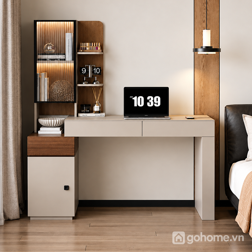 Bàn học liền tủ kính trang trí có ngăn kéo tiện dụng