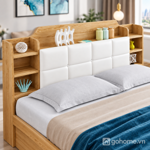 Đầu giường bọc nệm kết hợp hệ kệ nhiều ngăn