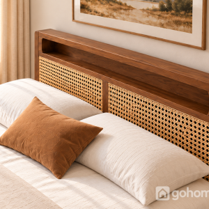 Đầu giường mây đan tạo điểm nhấn nhẹ nhàng