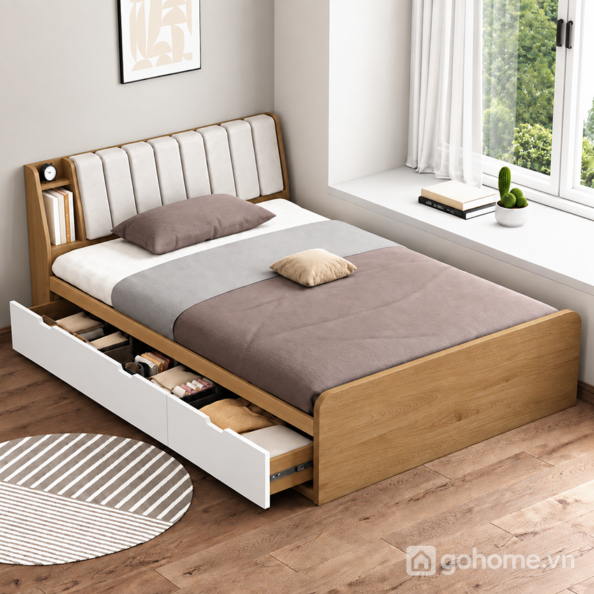 Giường đa năng kết hợp đệm đầu giường và ngăn kéo tiện dụng