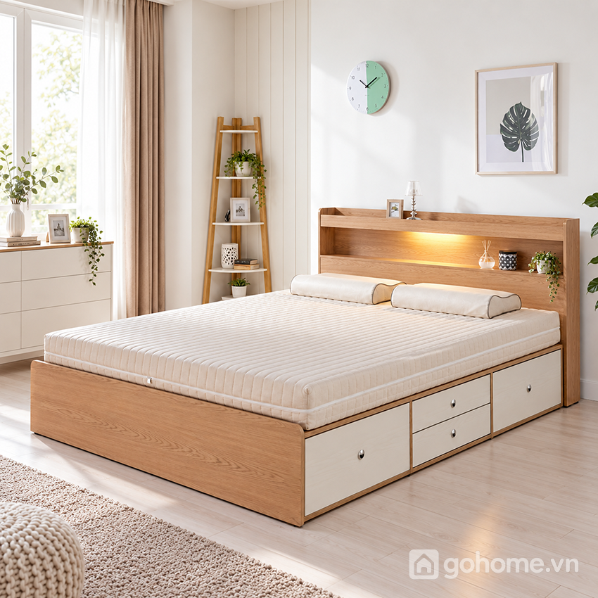 Giường ngủ có kệ đầu giường LED và hộc kéo tiện dụng