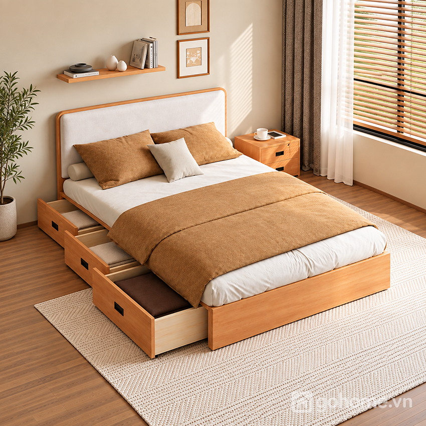 Giường ngủ đầu giường bọc nệm kết hợp hộc kéo tiện dụng