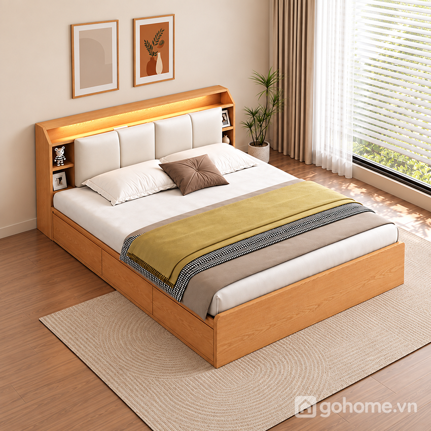 Giường ngủ đầu giường liền kệ tiện dụng cho phòng hiện đại