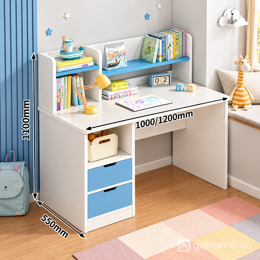 Kích thước chi tiết Bàn Học Cho Bé Kết Hợp Kệ Sách GH-72064