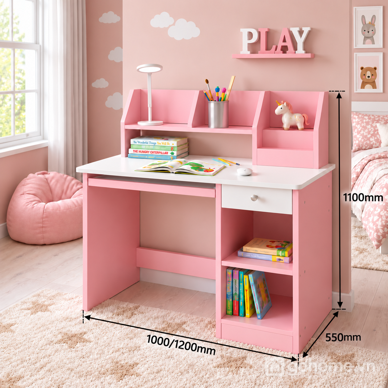 Kích thước chi tiết Bàn Học Cho Bé Liền Kệ Sách Và Hộc Tủ GH-72065