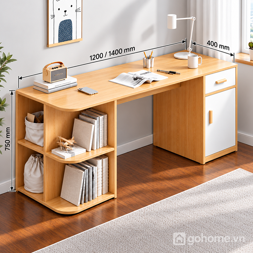 Kích thước chi tiết Bàn Học Có Kệ Sách Bên Hông Và Tủ Lưu Trữ GH-72055