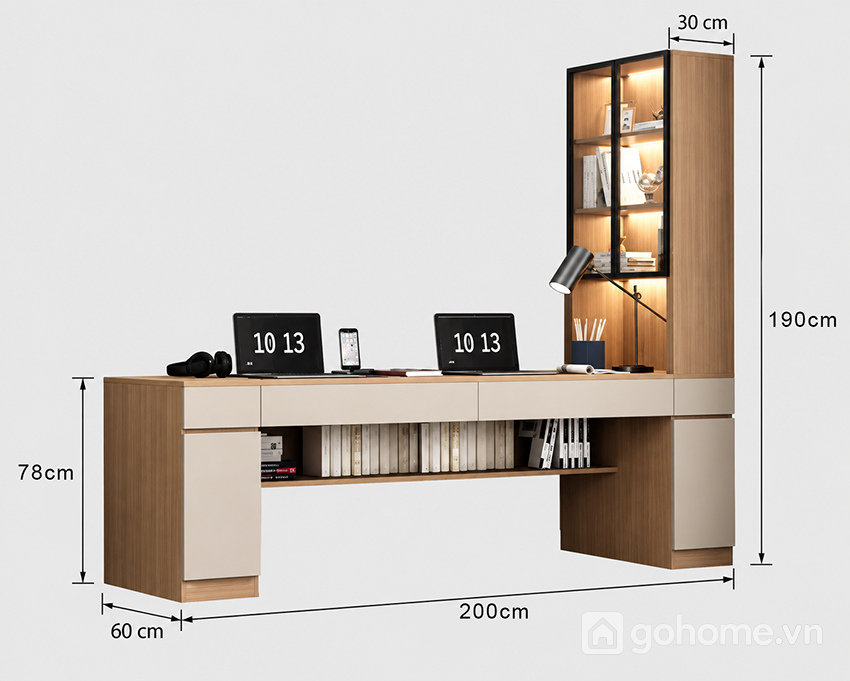 Kích thước chi tiết Bàn Học Đôi Liền Tủ Kính Trưng Bày GH-72057 2