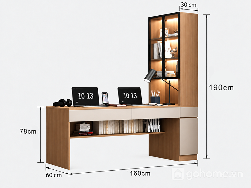 Kích thước chi tiết Bàn Học Đôi Liền Tủ Kính Trưng Bày GH-72057