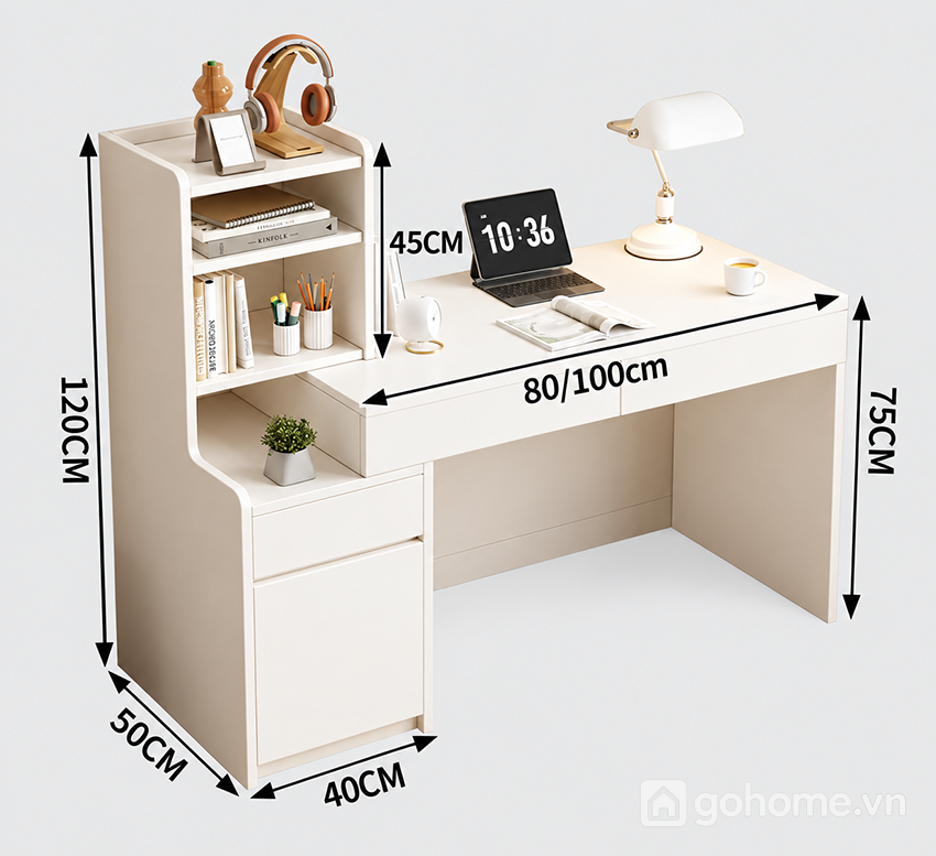 Kích thước chi tiết Bàn Học Kết Hợp Kệ Sách Cao Và Tủ Cánh GH-72063