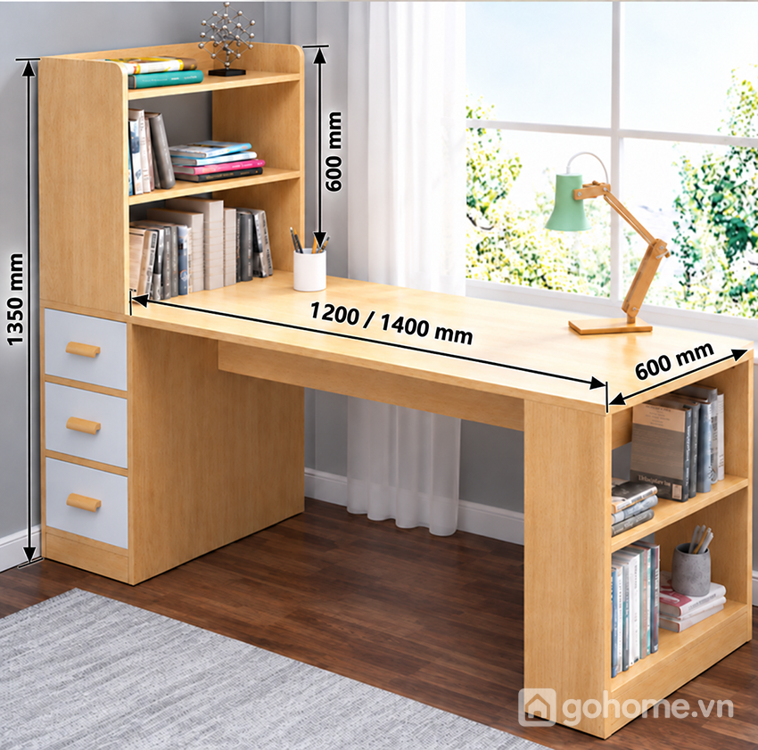 Kích thước chi tiết Bàn Học Kết Hợp Kệ Sách Hai Bên Và Ngăn Kéo GH-72056