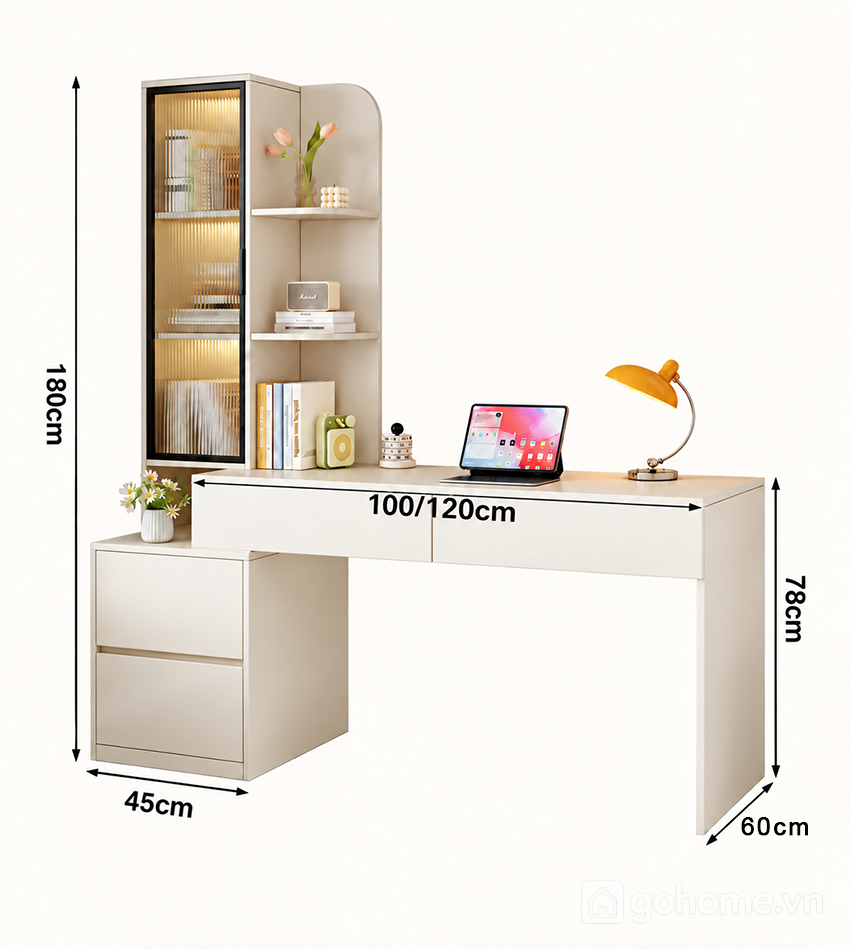 Kích thước chi tiết Bàn Học Kết Hợp Tủ Kính Và Kệ Sách GH-72058