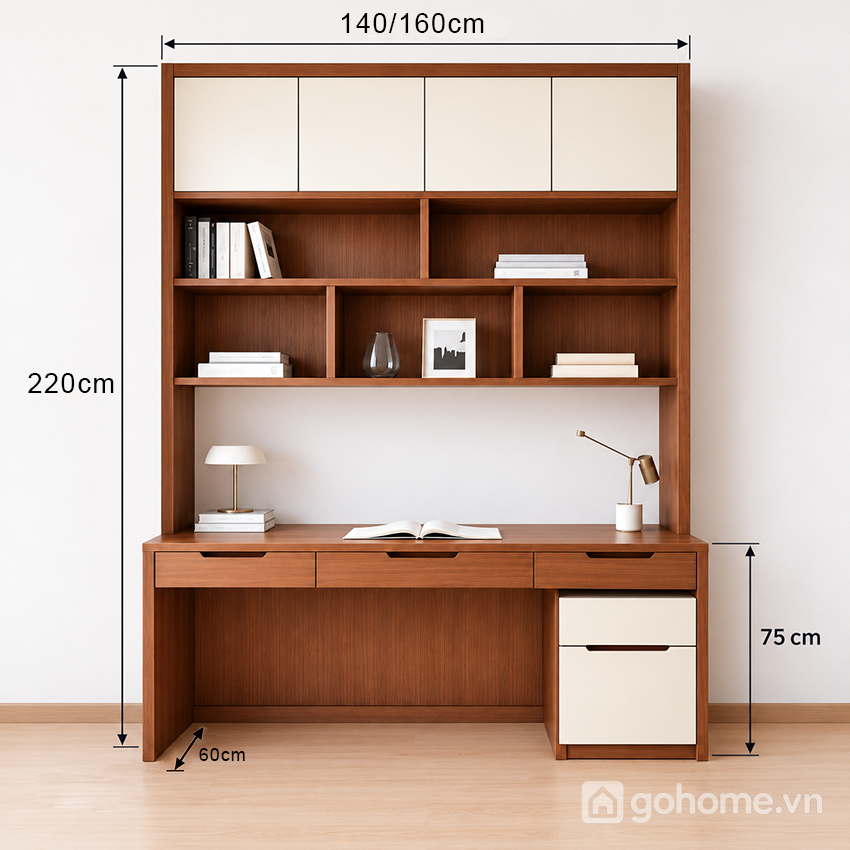Kích thước chi tiết Bàn Học Liền Hệ Tủ Sách Phong Cách Hiện Đại GH-72054