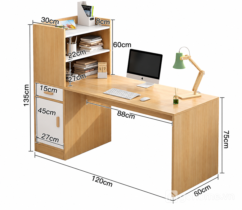 Kích thước chi tiết Bàn Học Liền Kệ Sách Đứng Có Tủ Lưu Trữ GH-72062 2