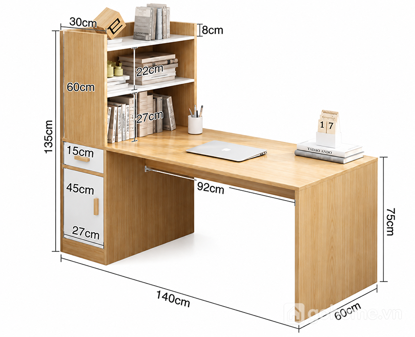 Kích thước chi tiết Bàn Học Liền Kệ Sách Đứng Có Tủ Lưu Trữ GH-72062