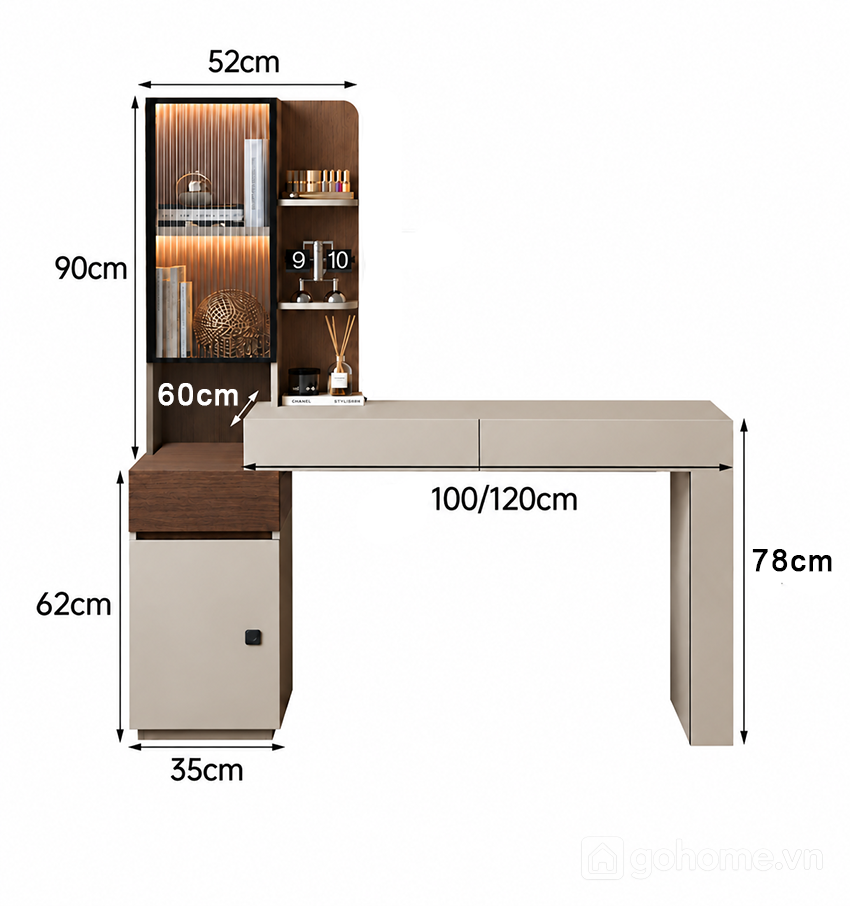 Kích thước chi tiết Bàn Học Liền Tủ Kính Trang Trí Có Ngăn Kéo GH-72061