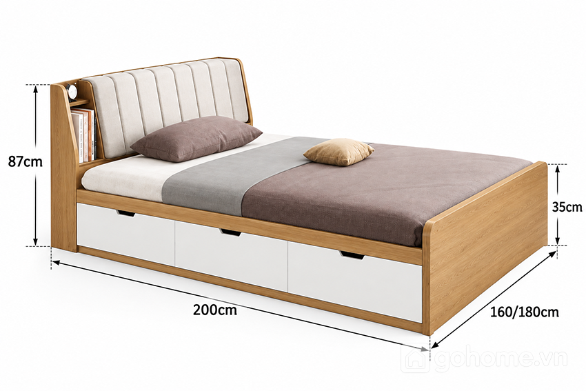 Kích thước chi tiết Giường Đa Năng Kết Hợp Đệm Đầu Giường Và Ngăn Kéo GH-11067