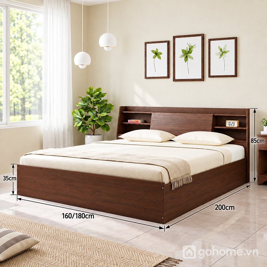 Kích thước chi tiết Giường Gỗ Công Nghiệp Kết Hợp Kệ Đầu Giường GH-11070