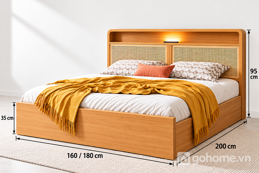Kích thước chi tiết Giường Gỗ Công Nghiệp Kết Hợp Lưới Mây GH-11075 2