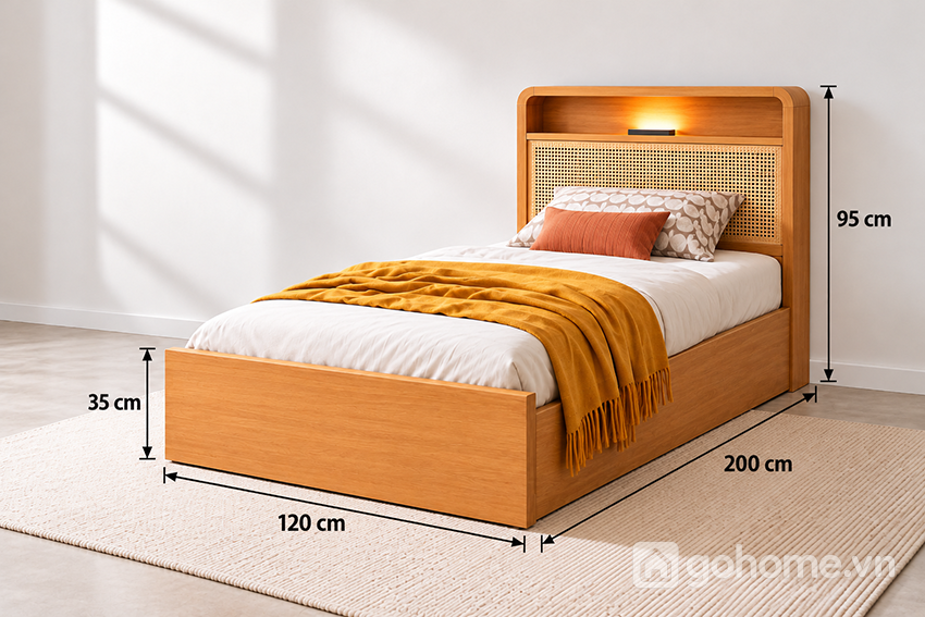 Kích thước chi tiết Giường Gỗ Công Nghiệp Kết Hợp Lưới Mây GH-11075